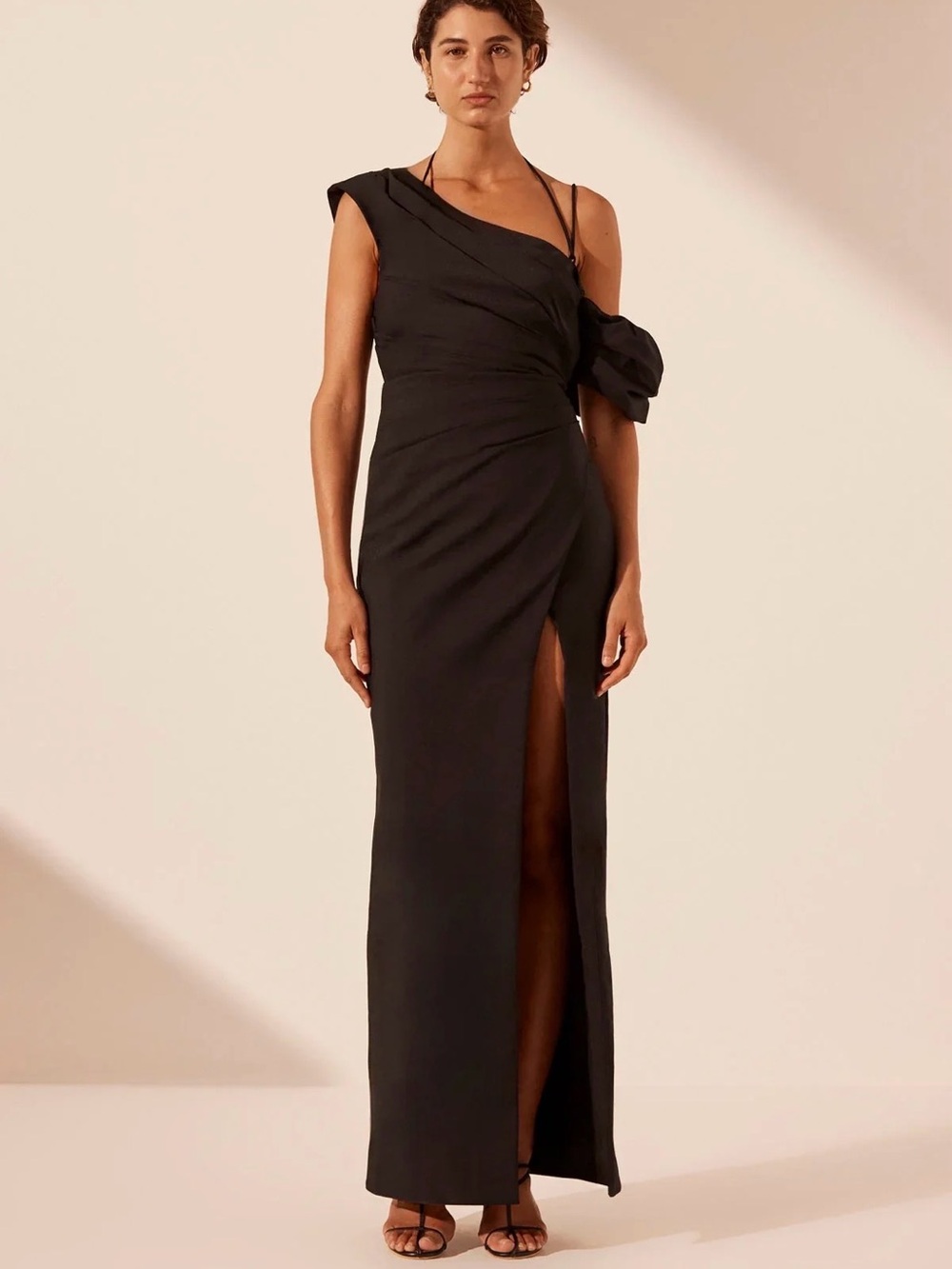Shona Joy Black One-Shoulder Maxi Dress with Puff Sleeve & Side Slit